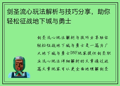 剑圣流心玩法解析与技巧分享，助你轻松征战地下城与勇士
